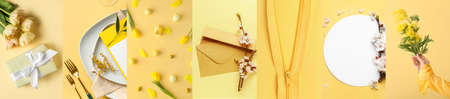 Creative collage of different photos on yellow background