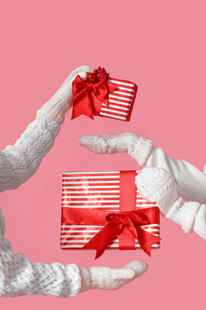 Women exchanging Christmas gifts on pink backgroundの写真素材
