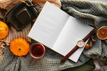 Blank book, cup of tea and wristwatch on plaidの写真素材