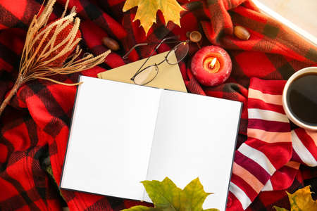 Blank book, cup of coffee and autumn decor on plaid in roomの写真素材