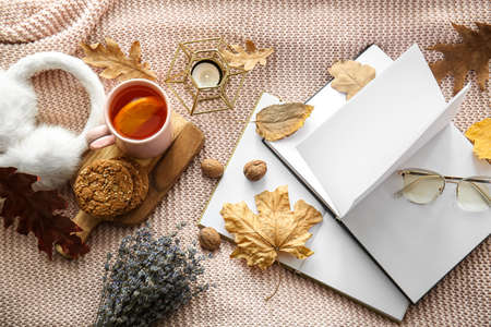 Blank books, cup of tea and autumn decor on plaidの写真素材