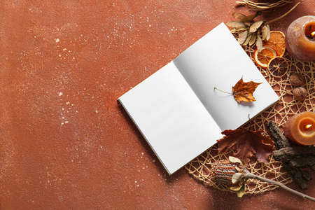 Autumn decor and blank book on grunge backgroundの写真素材