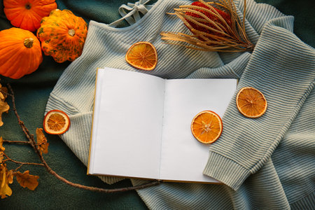Blank book, dried orange and autumn decor on plaidの写真素材
