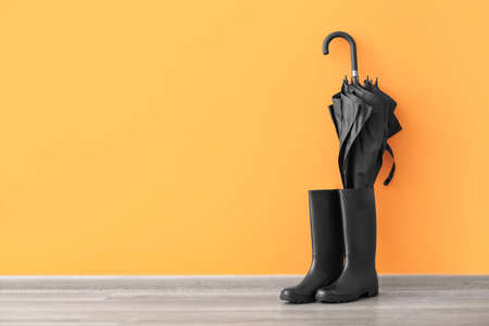 Rubber rain boots with umbrella on floor near color wallの写真素材