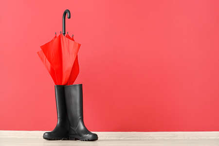 Pair of rubber rain boots and umbrella on floor near color wallの写真素材