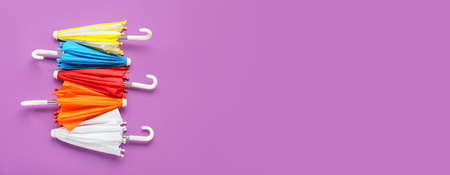 Different umbrellas on violet background with space for text