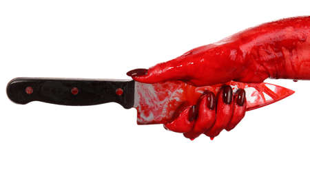 Hand with bloodstained knife on white background