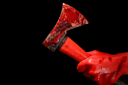 Hand with bloodstained ax on black backgroundの写真素材
