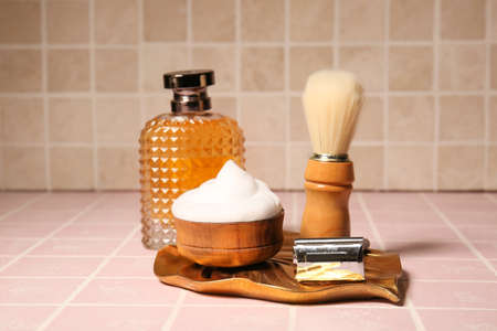 Set for shaving on tile backgroundの写真素材