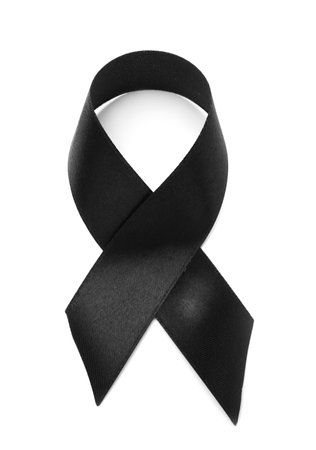 Black satin ribbon on white background. melanoma conceptの写真素材