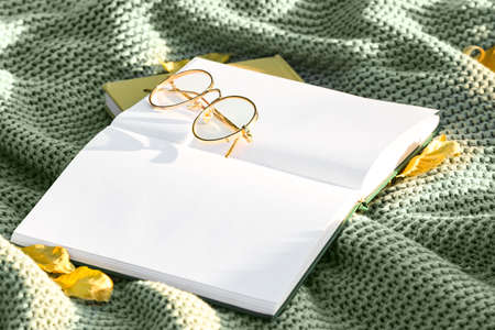 Books and eyeglasses on warm plaid in autumn park