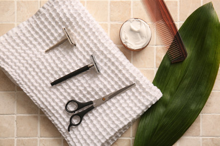 Male accessories for shaving on tile backgroundの写真素材