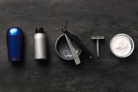 Stylish male accessories for shaving on black backgroundの写真素材