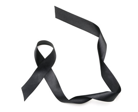 Black satin ribbon on white background. melanoma conceptの写真素材