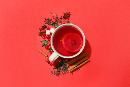 Composition with cup of tasty lingonberry tea, berries and spices on color backgroundの写真素材