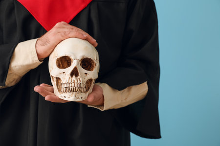 Male graduate with human skull on blue background, closeup