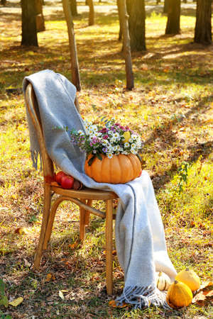 Bouquet of autumn flowers in pumpkin on chair outdoorsの写真素材
