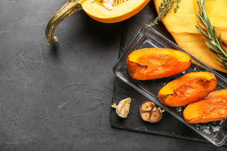 Dish with baked pumpkin pieces on black backgroundの写真素材