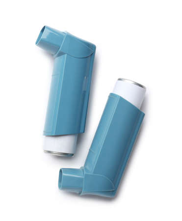 Modern asthma inhalers isolated on white background