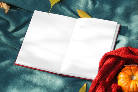 Blank book on warm plaid in autumn parkの写真素材