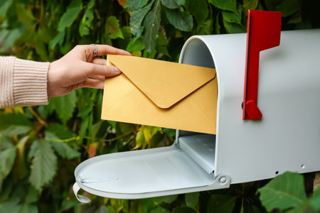 Woman getting letter from mailbox outdoors, closeupの写真素材