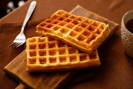 Wooden board of tasty Belgian Waffles on table in cafeの写真素材