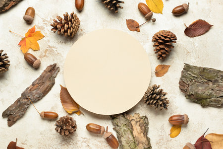 Autumn composition with blank card and natural forest decor on light backgroundの写真素材