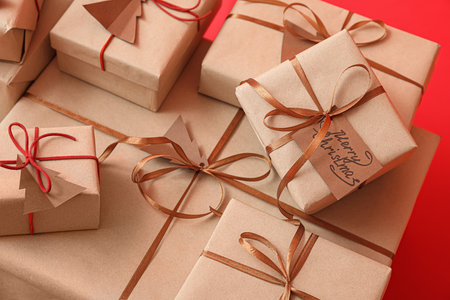 Many gift boxes on color background