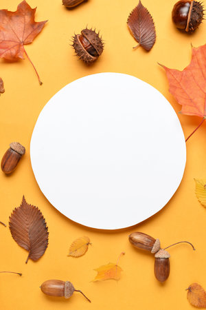 Autumn composition with blank card, fallen leaves and acorns on color background, closeupの写真素材
