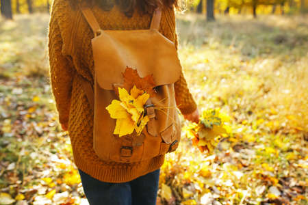 Young woman walking in autumn park on sunny day, closeup
