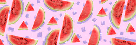 Many slices of ripe watermelon on lilac background