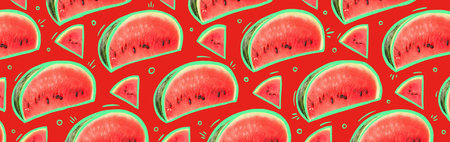 Many slices of ripe watermelon on red background