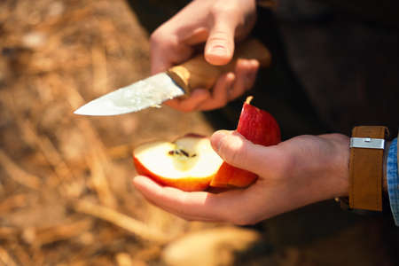Male tourist cutting apple in forest, closeupの写真素材