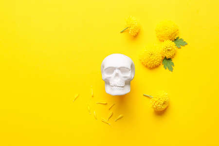 Human skull for Mexico's Day of the Dead (El Dia de Muertos) and flowers on yellow backgroundの写真素材