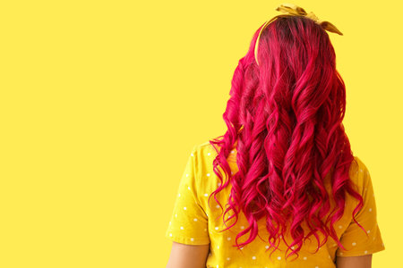 Beautiful woman with unusually bright hair on color background, back viewの写真素材
