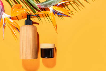 Cosmetic products and strelitzia flowers on color background