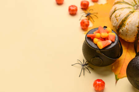 Witch's cauldron with candies and spider on beige backgroundの写真素材