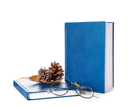 Books, eyeglasses, pine cones and autumn leaves on white background