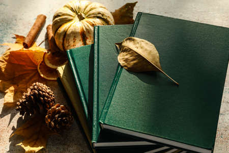 Stack of books and autumn decor on grunge background