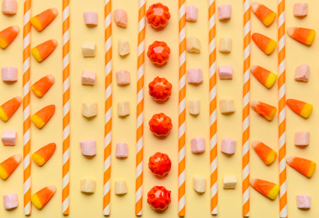 Tasty Halloween candies on beige backgroundの写真素材