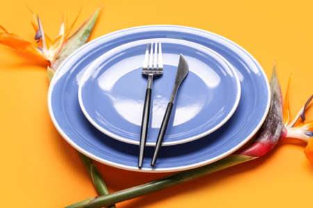 Simple table setting with bird of paradise flowers on orange backgroundの写真素材