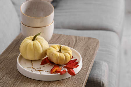 Tray with ripe pumpkins and autumn leaves on table in roomの写真素材