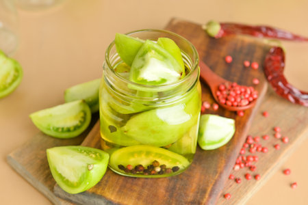 Jar with canned green tomatoes on wooden backgroundの写真素材