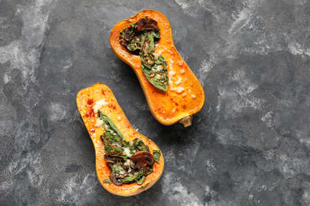 Tasty stuffed pumpkins on black backgroundの写真素材