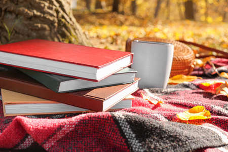 Stack of books on plaid in autumn parkの写真素材