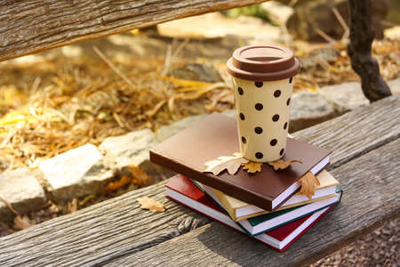 Cup with drink and stack of books on wooden bench in autumn park