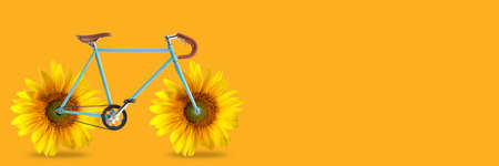 Creative bicycle with beautiful sunflowers instead of wheels on orange background with space for textの写真素材