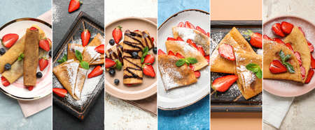 Set of tasty thin pancakes with summer berries, top viewの写真素材