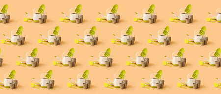 Different gardening tools on beige background. pattern for designの写真素材