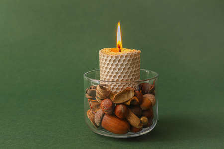 Burning candle in holder with autumn decor on color backgroundの写真素材